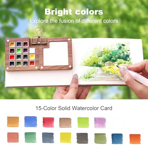 15-Color Mini Travel Watercolor Set for Adults, Beginners & Artists - All-in-One Kit with Bag, Sketchbook, Metal Clip, Collapsible Cup, Spray Bottle & 2 Watercolor Pens