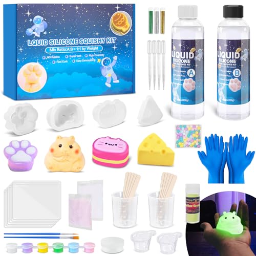 Taba Squishies Kit – 18oz 1:1 AB Liquid Silicone DIY Set with Paw, Cat, Cheese & Hamster Molds, Flocking Powder, Mixing Tools, Bubble-Free Texture – Make Your Own Squishies for Stress Relief & Fun