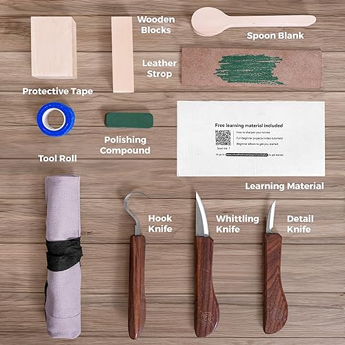 Beginner-Friendly Wood Carving Kit, 3pc Whittling Knife Set with Wood Carving Knives, Spoon Carving Knife, Basswood Blocks, & Fun Learning Videos, Wood Whittling Kit for Beginners from Schaaf Tools