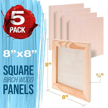 U.S. Art Supply 08" x 08" Unfinished Cradled Wood Panels for Painting, Studio 3/4" Deep (5 Pack) - Artist Depth Birch Wooden Wall Canvases - Mixed-Media Craft, Acrylic, Oil, Encaustic, Paint Pouring - size: 8" x 8", style: Square