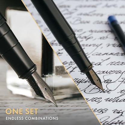 Wordsworth & Black Fountain Pen Set, 18K Gilded Medium and Extra Fine Nib, 25ML Black Ink Bottle, 6 Ink Cartridges,Refill Converter,Gift Box,Smooth Writing Pens [All Black],Gift Set for Men and Women - color: All Black