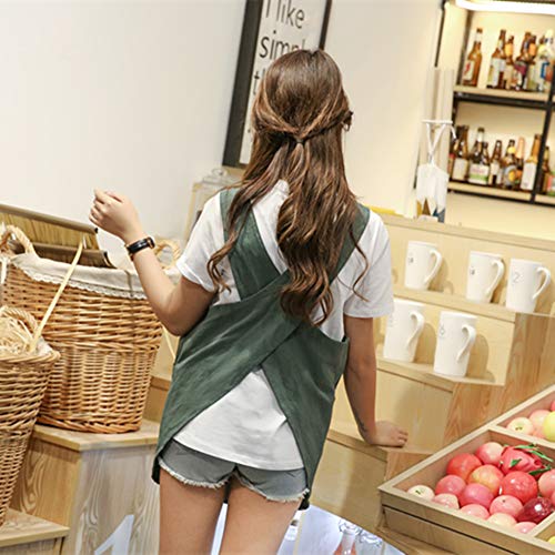 Shortened Design Apron, Japanese Style Soft Cotton Linen Apron with Two Side Pockets, X Cross Halter Aprons, Kitchen Cooking Clothes Gift for Women DIY Project, Crafting, Cooking, Baking(Army Green ) - color: Army Green, style: 1# Style-rounded Edge