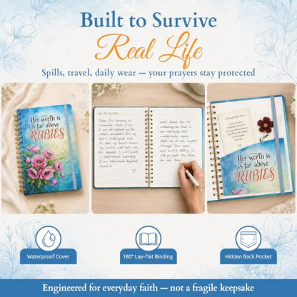Hardcover Blank Spiral Christian Notebook – 140 Quality Pages | Lined Pages with Bible Verse Cover – Inspirational Writing Notebook for Bible Study, “Her Worth Is Far Above Rubies" - color: Rubies