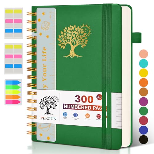 PERCUN Spiral Notebook 300 Numbered Lined Pages Hardcover Journal 5.9"x8.5" | College Ruled Spiral Bound Notebook with Tabs, A5 Leather Journal for Women Men, Work, School, Travel, Writing & Note Taking - color: Green, size: A5 size (5.9in x 8.5in)
