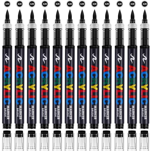 12 Pack Acrylic Paint Pens Set - Black Acrylic Paint Markers, White Acrylic Paint Pen Markers, Brush Tip for Stone,Paper,Wood,Glass,Fabric Paint,DIY Crafts (Black) - color: Black