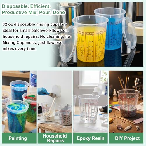 Yesland 30 Pack Paint Mix Cups with Lids, 32 Ounce Plastic Paint and Epoxy Mixing Cups with Calibrated Mixing Ratios on Side of Cup, for Paint, Activators, and Thinner