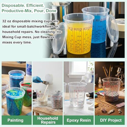 Yesland 30 Pack Paint Mix Cups with Lids, 32 Ounce Plastic Paint and Epoxy Mixing Cups with Calibrated Mixing Ratios on Side of Cup, for Paint, Activators, and Thinner
