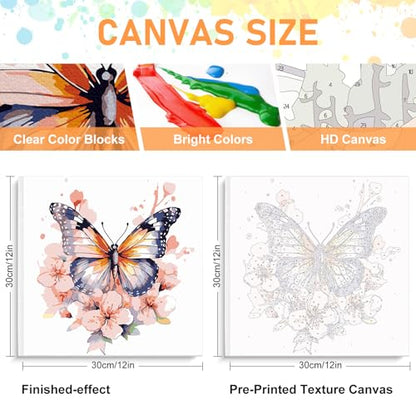 Framed Paint by Numbers Kit for Adults Beginners & Kids Ages 8-12, Butterfly Flowers Acrylic Easy Paint by Number with Frame, Number Painting Kits on Canvas Framed (12 * 12 Inch, without Easel) - color: BOP1PF05, size: 12 x 12 Inch