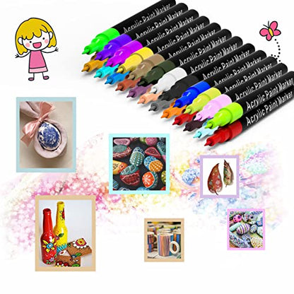Acrylic Paint Pens for Rock Painting - Set of 24 Extra Fine Point Non-Toxic Paint Markers for Stone, Ceramic, Glass, Wood, Canvas, Fabrics DIY Crafts