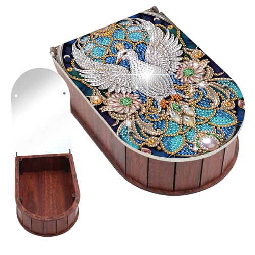 JZHYOAN DIY Pigeon Diamond Art Cosmetic Storage Box with Mirror for Lipstick Eyeshadow Animal Diamond Painting Wooden Box Storage Case Kits for Adults Flip Cover Wooden Box Rhinestone Craft Decor - color: White bird