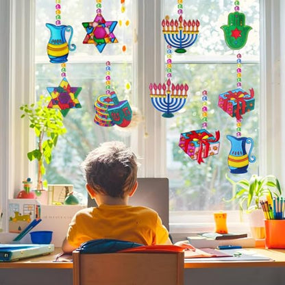 Ayhuhra 30 Sets Hanukkah Suncatcher Craft Kits Hanukkah Stained Glass Suncatcher DIY Glow in The Dark Chanuka Window Paint Art Kit for Hanukkah Festival Window Decorations - style: Hanukkah