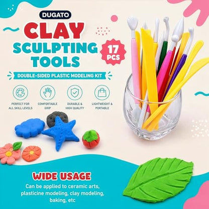 DUGATO Clay Sculpting Tools, 17 pc Double-Sided Modeling Set | Plastic Pottery Tools for Polymer Clay, Fondant, Cake Decorating & DIY Crafts, Dual-Ended Shaping Tips