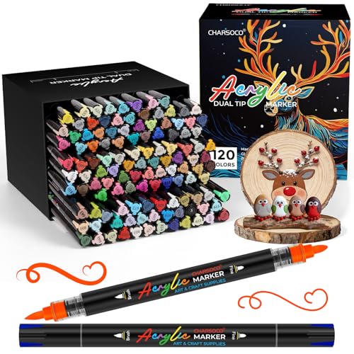 Acrylic Paint Markers Set - 120 Vibrant Colors Dual Tip Pens | Water-Based No-Bleed Markers with Automatic Ink Control | Bullet & Brush Tips for Paper, Wood, Ceramic, Rock & Canvas Art - Box