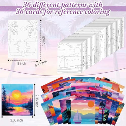 Sherr 36 Pcs Pre Drawn Canvas Painting Kits for Adults Cute Printed to Paint Set 8" x 10" Stretched Panels Sunset Landscape Theme Painting for DIY Art Sunmmer Date Night Party Favor