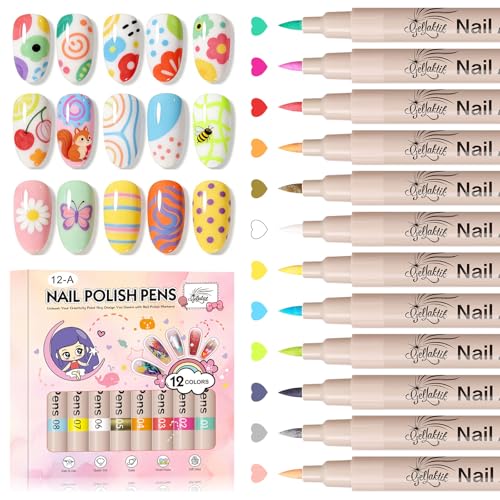 12 Colors Nail Art Pens Set, 3D Nail Polish Pens, Quick-Drying Acrylic Paint Markers, 0.7mm Dotting Painting Liner Brush for DIY Nail Design, Home & Salon Manicure Tools - color: green