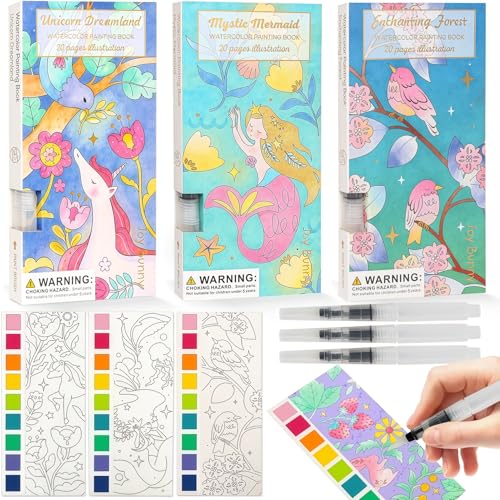 JCREN Watercolor Painting Books, Pocket Watercolor Painting Coloring Kit, Paint with Water Bookmarks Travel Activity Party Favors for Kids Toddlers Gifts for Boys and Girls - color: 3 Pack