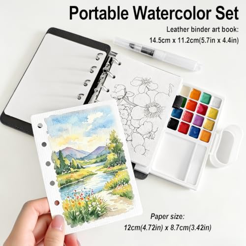 Travel Watercolor Set, 16 Colors Standard (8 Matte & 8 Shimmer), Pocket Paint Set with 30-Sheet 300G Cotton Sketchbook, Detachable Palette, Water Cup & Water Brush, Black - color: Black
