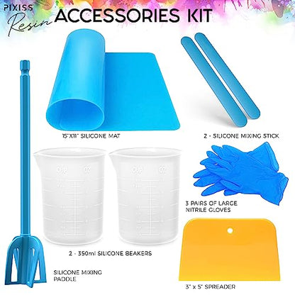 Pixiss Epoxy Resin Kit 2 Gallon – Crystal Clear Art Resin & Hardener with Gloves, Spreader, Silicone Mixing Sticks & Accessories – Self-Leveling, High-Gloss Resin for Crafts, Tumblers