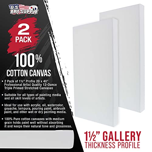 U.S. Art Supply Large Stretched Canvas for Painting 20x40 inch Gallery Depth 1-1/2" Thick, 2-Pack - 12oz Acrylic Gesso Triple Primed, Professional Artist Quality, 100% Cotton - Oil, Pouring Paint - size: 20" x 40"