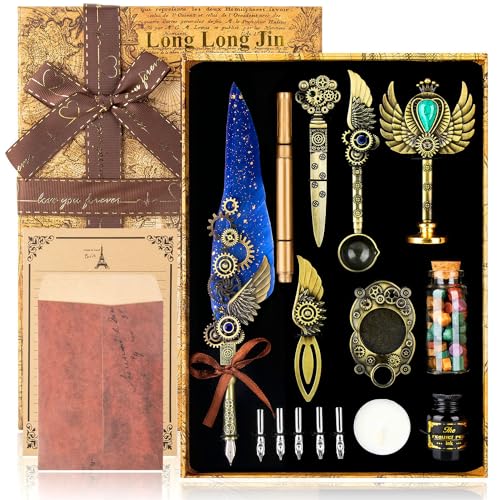 Quill Pen Ink Set with Seal Stamp - Feather Calligraphy Pen and Ink Set, Wax Seal Stamp Kit, Calligraphy Copybook,Beginner Calligraphy Quill Pen Lovers of All Ages Selection Gift (Blue)