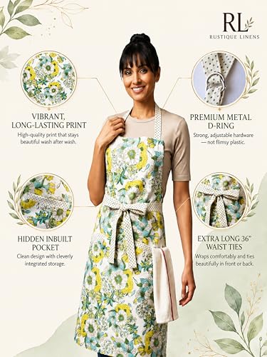 100% Cotton Printed Kitchen Apron with 2 Pockets for Men and Women – Adjustable Chef Apron - Machine Washable - color: Floral Yellow