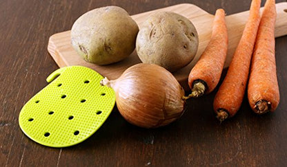 Vegetable Scrubber Brush : Double Sided Fruit and Vegetable Scrubber - Multi Use: Potato Scrubber - Carrot Brush - Trivet - Jar Opener by Cestari Kitchen - color: Green