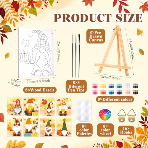 Humyoun 8 Sets 8" x 10" Fall Gnome Pre Drawn Canvas to Paint for Sip and Paint Party Thanksgiving Predrawn Coloring Set Pre Sketched Canvas Boards with Paints and Brushes for Adult - style: Gnome