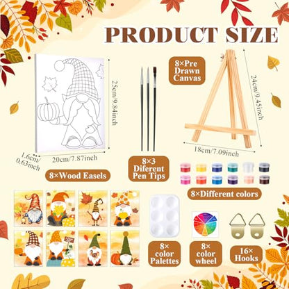 Humyoun 8 Sets 8" x 10" Fall Gnome Pre Drawn Canvas to Paint for Sip and Paint Party Thanksgiving Predrawn Coloring Set Pre Sketched Canvas Boards with Paints and Brushes for Adult - style: Gnome