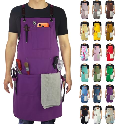 Kitchen Apron, Work Apron, Canvas, Multiple Pockets, Gardening, Painting, BBQ, Artist, Carpenter, Sizes M to XXL, Purple - color: Purple
