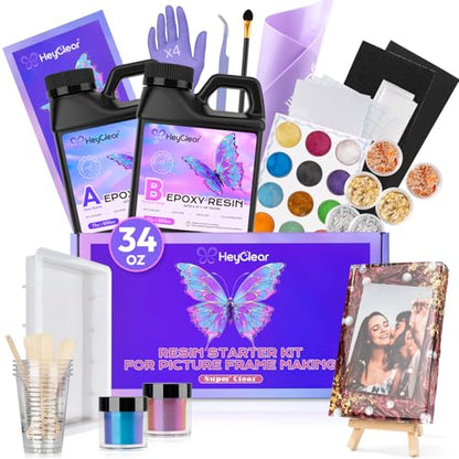 HeyClear Epoxy Resin Picture Frame Silicone Mold Kit -34 oz Super Clear and Hard Resina Complete Craft Accessories and Supplies Set for Casting Art, DIY Photo Gifts - size: 34 oz Frame Kit