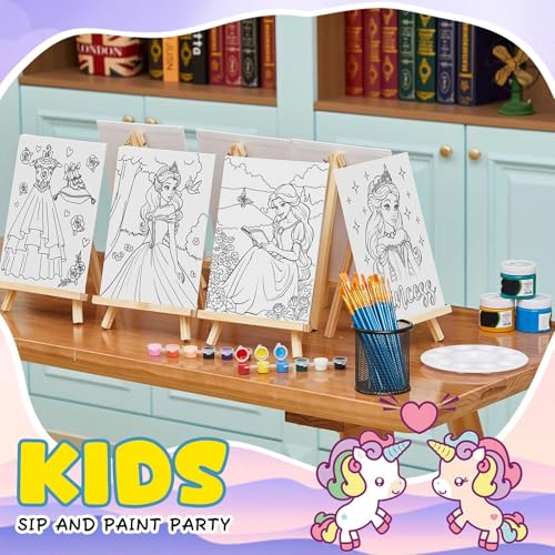 Ireer 12 Set Paint Party Set 8 x 10 Sip and Paint Kit Include 12 Printed Pre Drawn Canvas Panel, Wooden Easels, Palettes, Pots, Apron 36 Brushes for Adult Art DIY Party(Princess) - style: Princess
