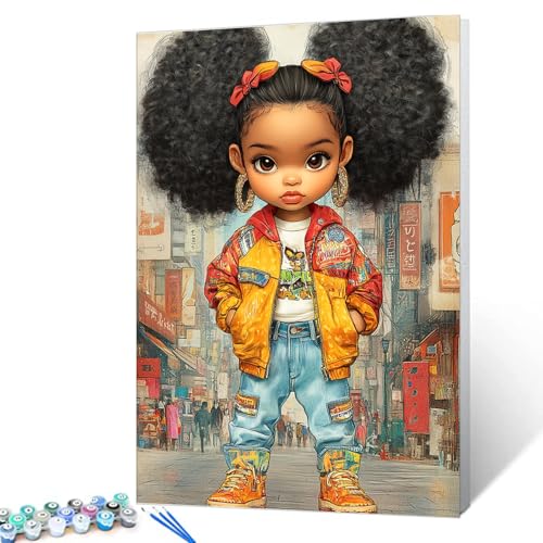 Tucocoo Little Girl Streets Art Paint by Numbers Kits with Brushes and Acrylic Pigment on Canvas Painting for Adults, African Girl with Big Hair Art Picture for Home Wall Decor 16''x20'' (DIY Framed) - color: Artwork-06, size: 16''x20''(DIY Frame)