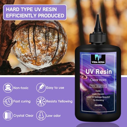 VIDA ROSA UV Resin 250g- Upgraded Crystal Clear, Low Odor Hard Ultraviolet Curing Epoxy Resin for Jewellry Making Art Pendants, Earrings, Bracelets, Casting & Coating, Transparent - color: 250g