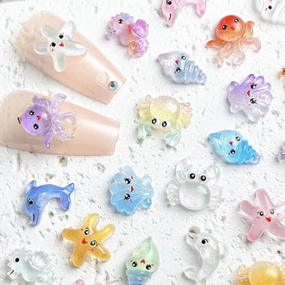 200Pcs Ocean Mini Resin Nail Art Charms Tiny Sea Animal Nail Rhinestones Shell Octopus Starfish Crab Nail Charm Cute Ombre Seahorse Nail Diamond 3D Colorful Summer Nail Supplies for Beach DIY Manicure - color: yellow