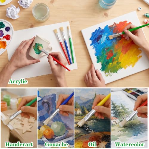 48Pcs Paint Brushes Set, Large Paint Brushes Chubby Brush Set, Easy Clean and Hold Pig Bristle Round and Flat Brush with Colorful Handles for Classroom Acrylic Watercolor Washable Paints