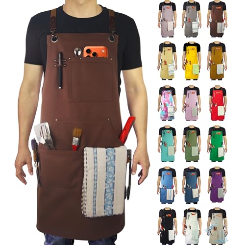 Kitchen Aprons, Work Apron, Canvas, Multiple Pockets, Gardening, Painting, BBQ, Carpenter, Sizes M to XXL, Brown - color: Brown