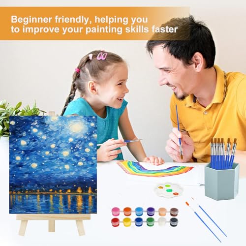 16 Pack Canvas Painting Kit, 8 x 10 inch Canvas and Easel Set Bulk with 12 Colors Acrylic Paint, Brushes, Palettes, Sip and Paint Kit for Adults Beginners Party Supplies