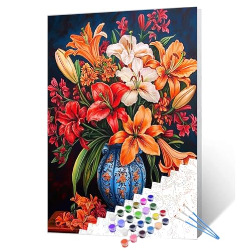 Lily Flowers DIY Paint by Numbers for Adults Colorful Blooming Flowers in Vase DIY Oil Painting Acrylic Paint Art Painting Kits Canvas with Acrylic Paint Floral Art 16x20 Inch （without Frame ） - color: Red Flower in Vase 06, size: 16''x20''(Frameless)