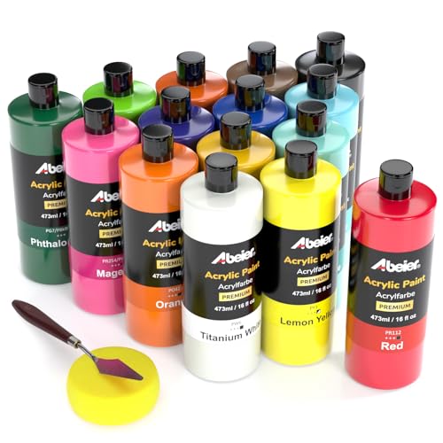 ABEIER Large Bulk Acrylic Paint Set, 15 Colors (473 ml/16 fl oz), Matte Finish, Rich Pigments, Non-Toxic Paints for Painting on Canvas Crafts Wood Ceramic, Ideal for Beginners and Students - color: 15 Colors