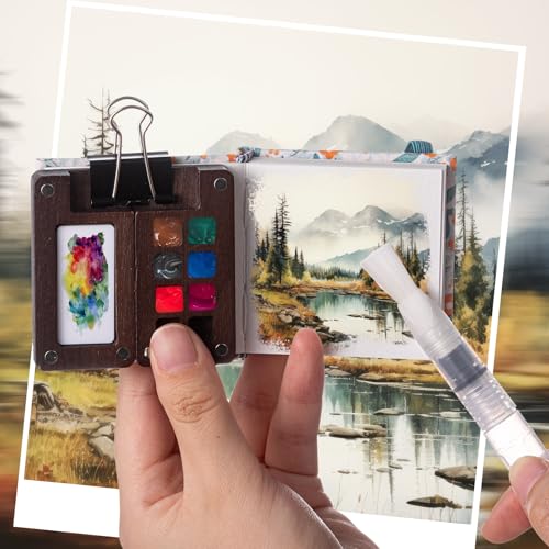 Qilery Mini Portable Watercolor Palette Set Wooden Grid Paint Box Watercolor Paper Sketch Book Brush Pens with Binder Clip for Painters Artist Not Include Paint(Blue Flowers) - style: Blue Flowers