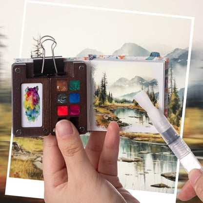 Qilery Mini Portable Watercolor Palette Set Wooden Grid Paint Box Watercolor Paper Sketch Book Brush Pens with Binder Clip for Painters Artist Not Include Paint(Blue Flowers) - style: Blue Flowers