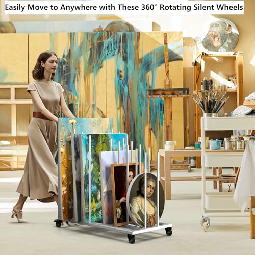 Rolling Art Canvas Storage Rack on Wheels, Adjustable Metal Framed Artwork Drying Holder, Large Vertical Picture Frame Display Stand for Painting Boards, Framed Picture, Shipping Box (White) - color: White