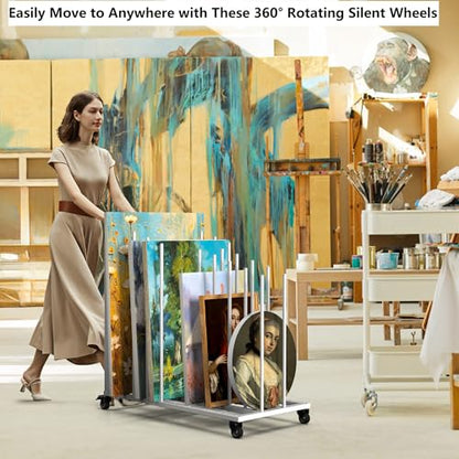 Rolling Art Canvas Storage Rack on Wheels, Adjustable Metal Framed Artwork Drying Holder, Large Vertical Picture Frame Display Stand for Painting Boards, Framed Picture, Shipping Box (White) - color: White