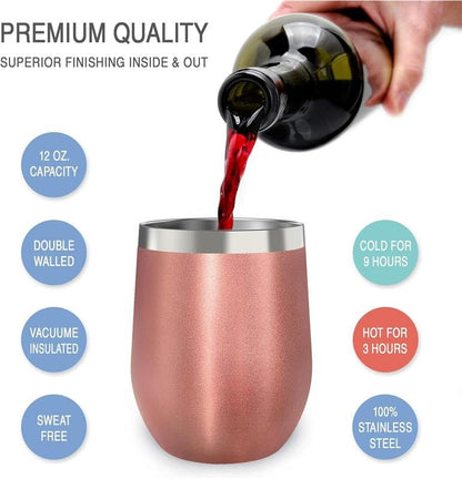 CHILLOUT LIFE 12 oz Stainless Steel Wine Tumbler with Lid - Double Wall Vacuum Insulated Wine Cup Glass Keeping Cold & Hot for Coffee, Champagne, Cocktails, Ice Cream - Rose Gold - color: Rose Gold, style: 1 Pack