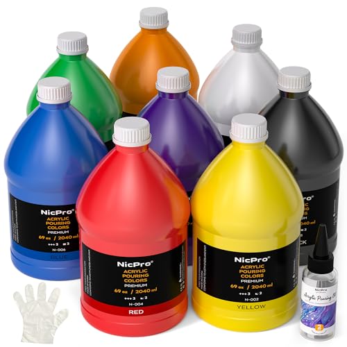 Nicpro 8 Colors Large Bulk Acrylic Pour Paint Set (69oz,2040ml) Premixed High Flow Art Pouring Paint Supplies Kit with Silicone Pour Oil, Gloves for Beginner Cell Creation Flow DIY, Ready to Pour - color: 8 Colors, size: 69 Fl Oz (Pack of 8)