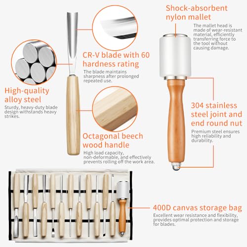 BAUSATZ Wood Carving Kit, 12 Chisels + 1 Mallet + Canvas Pouch, Wood Carving Tools, Cr-V 60 Steel Blades, Woodworking Tools for Professionals Carpenters Wood Chisel Sets for Woodworking Beginners