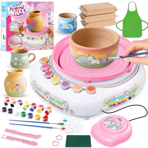Cmiolacuna Pottery Wheel for Kids, Unicorn Kit with Air-Dry Clay，Ages 8-12 | Beginner pottery kit with air-dry clay, 12 paints, clay tools and apron - no kiln needed, screen-free craft gift ages 8-12 - color: Unicorn