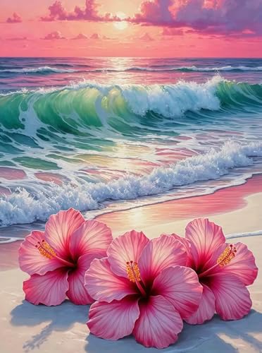 BYGFHLYW 5D Diamond Art Kits for Adults, Beach Flower Diamond Painting Kits for Adults Beginner, Full Drill Round Paint by Diamonds Dot Gem Art for Home Wall Decor 12x16inch - color: KM602-1