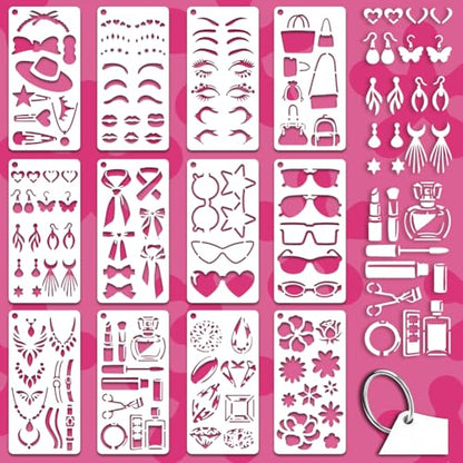 12 Sheets Facial Features Overlay Templates, 12 Styles Eyes Mouth Eyebrows Drawing Template Necklace Earrings Hat Accessories Art Templates for Painting on Wall Wood Home Decor - style: Facial Features