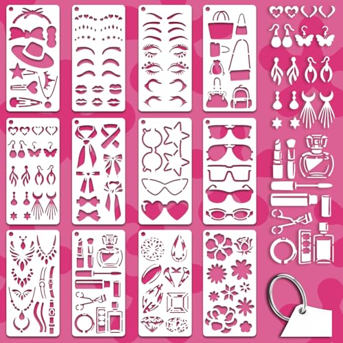 12 Sheets Facial Features Overlay Templates, 12 Styles Eyes Mouth Eyebrows Drawing Template Necklace Earrings Hat Accessories Art Templates for Painting on Wall Wood Home Decor - style: Facial Features